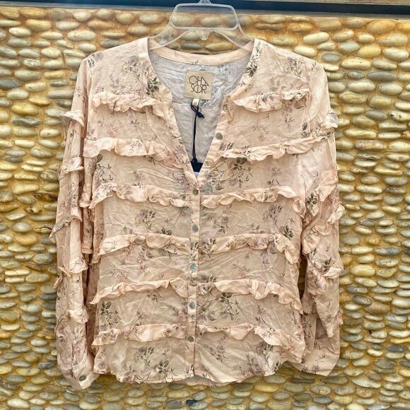 CHASER Light Peach Ruffled Tea Rose Long Sleeve Blouse. Medium. New (NWT)! - Picture 4 of 7